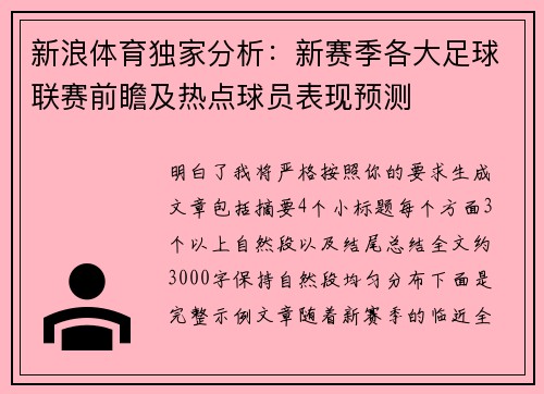 新浪体育独家分析：新赛季各大足球联赛前瞻及热点球员表现预测